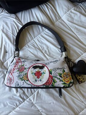 Ed Hardy White Floral Tattoo-Print Shoulder Bag with Red & Yellow Roses